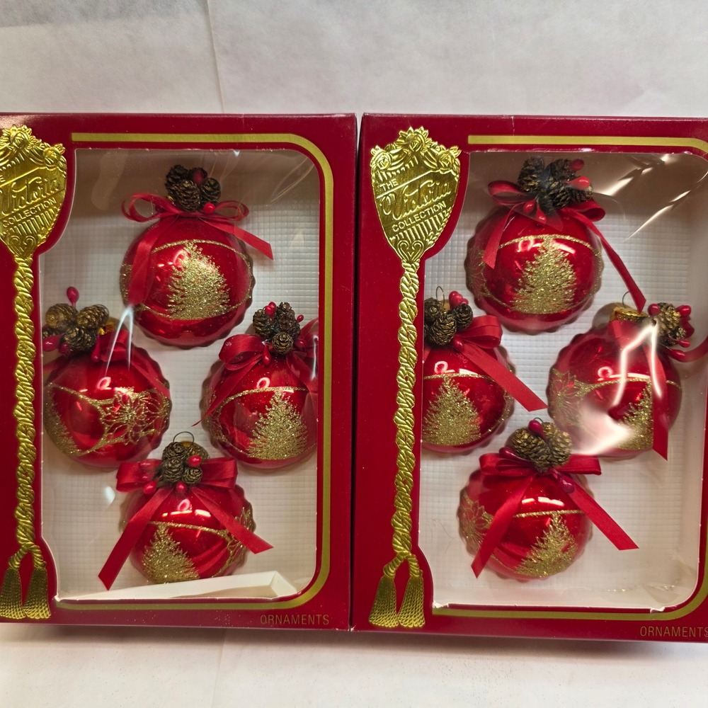 Vtg Rauch Glass Christmas Ornaments Lot of 8 Red Gold Glitter, Victoria USA